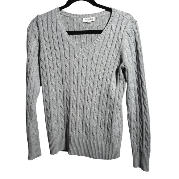 St. John's Bay Sweaters - St. Johns Bay Gray V Neck Cable Knit Sweater Sz M Tennis Prep Old Money Academia